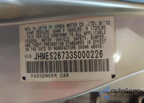 2003 Honda Civic Ex из США, поврежденный, VIN JHMES26733S000226